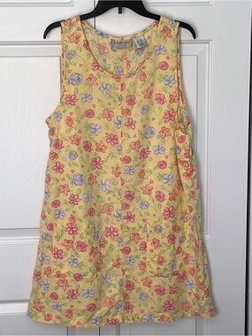 Vintage Lemon Grass Linen/Cotton Blend S/L Butter Yellow Floral Shift dress